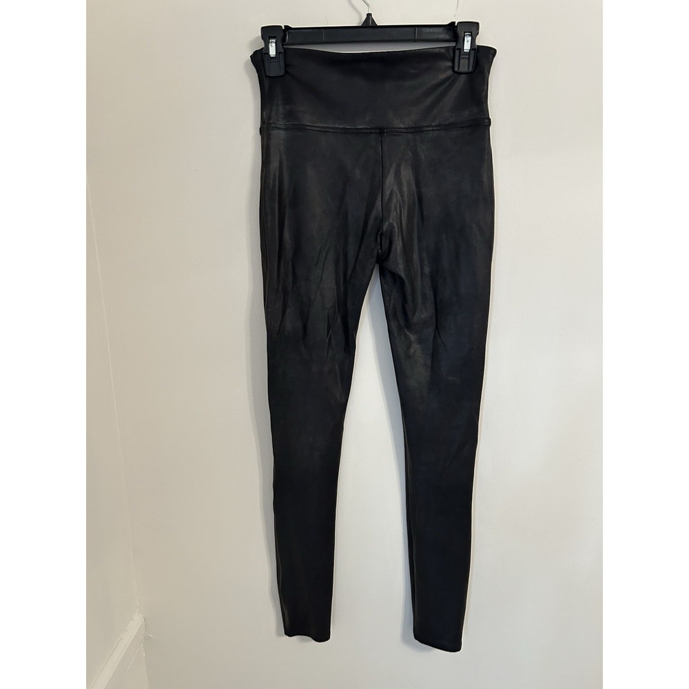 Spanx Faux Black Leather‎ Leggings Womens Sz Large Athleisure Workwear Shapewear